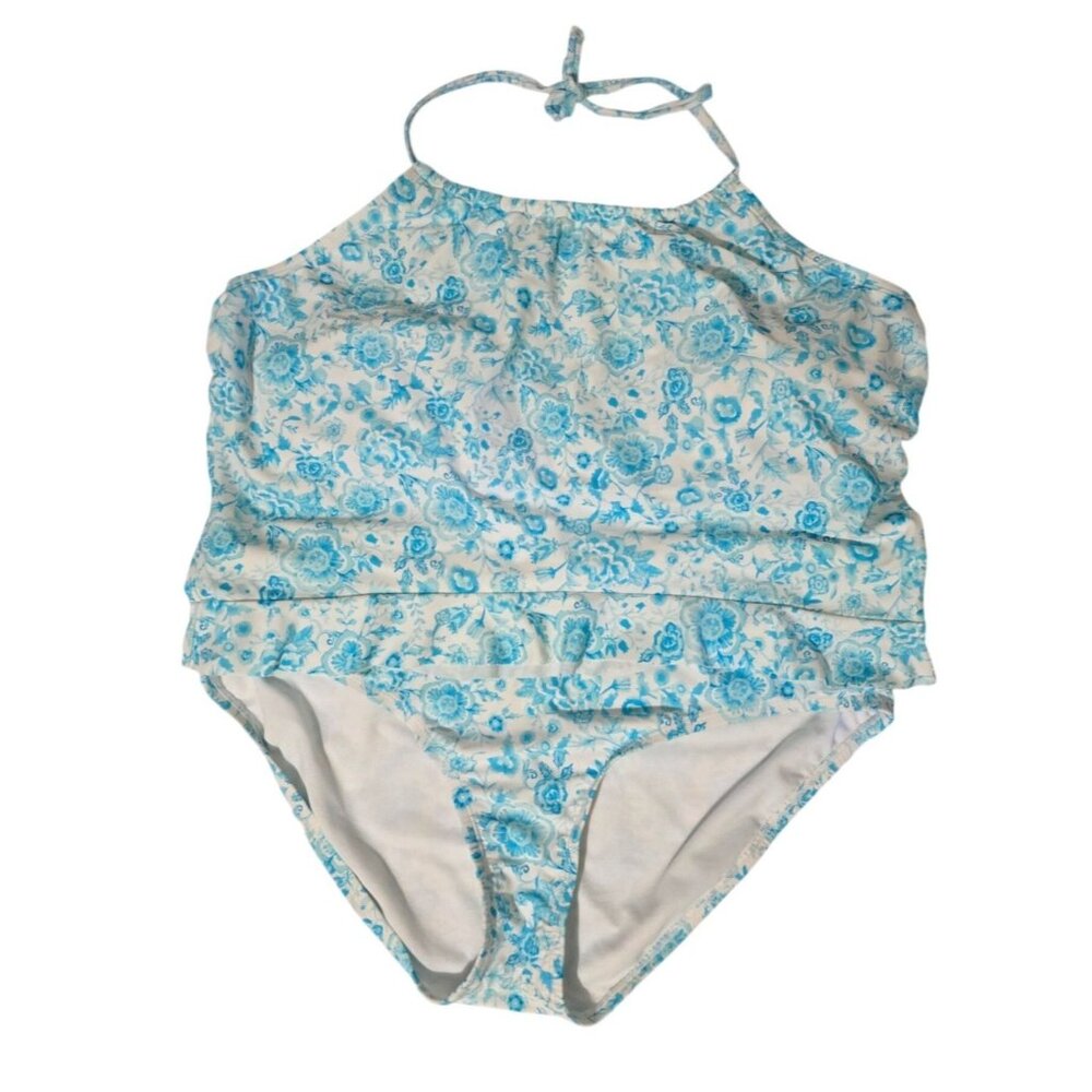 Crown & Ivy Women's Tankini Swimsuit Size XXL Blue Floral Swim Halter Top Bottom
